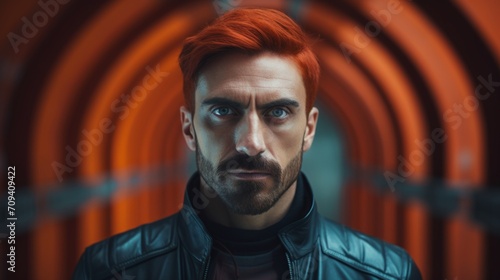 Photorealistic Adult Latino Man with Red Straight Hair Futuristic Illustration. Portrait of a person in cyberpunk style. Cyberspace Ai Generated Horizontal Illustration.