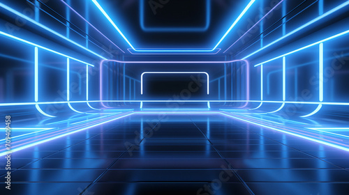 futuristic Sci-fi modern room with stripes shaped blue 3d illustration