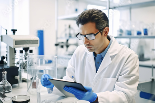 Focused Male Scientist Using Tablet to Analyze Data in High-Tech Laboratory  Research and Technology Concept