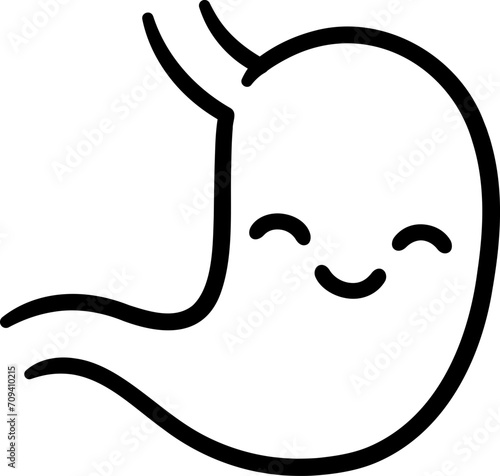 Cartoon stomach with cute smiling face. Hand drawn doodle style drawing, black and white line icon. Isolated vector clip art illustration.