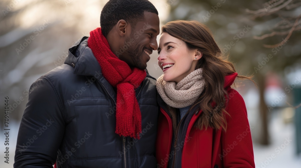Fototapeta premium Beautiful young couple hugging, kissing celebrating St Valentine's Day outside. African american guy and caucasian girl in love.
