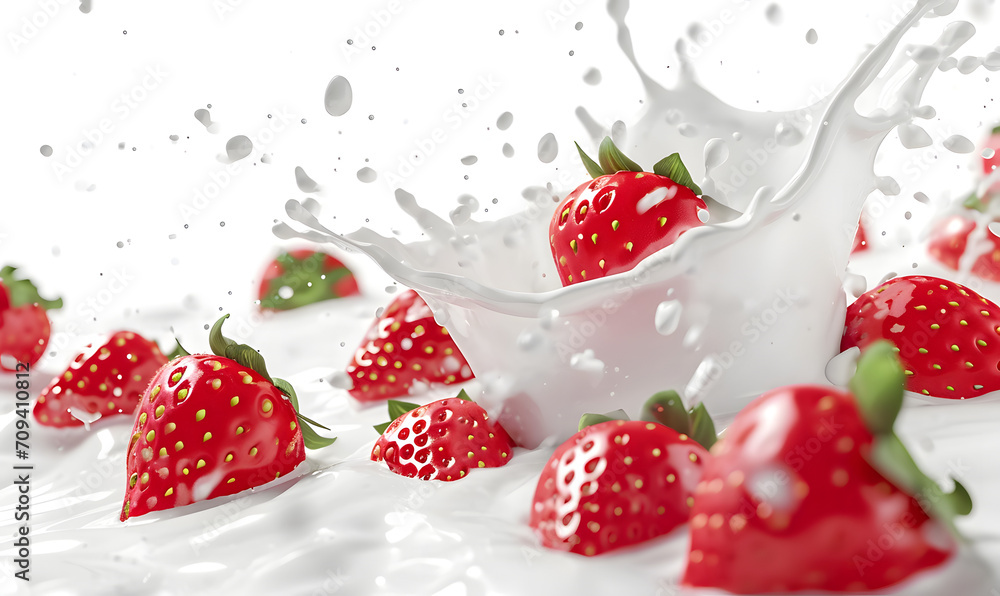 milk or yogurt splash with strawberries, Generative AI milk or yogurt splash with strawberries, Generative AI