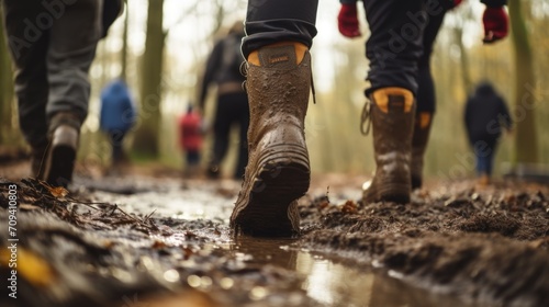 Closeup of a group of volunteers feet clad in sy boots, as they walk through a muddy park trail. photo