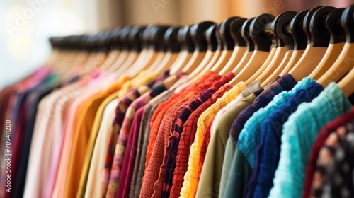 Closeup of a rack of colorcoordinated clothing, chosen by a fashion blogger for their photoshoot.