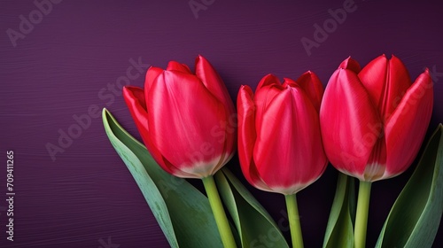 Wonderful spring tulips on the purple background. Top view image. Copy space