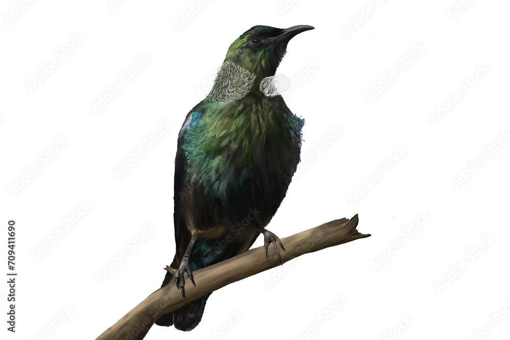 Fototapeta premium Tui bird isolated on white background oil painting illustration New Zealand wildlife