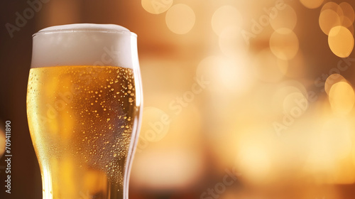 Chilled Beer Glass with Frothy Head Against Warm Bokeh Light Background, Beverage and Refreshment Concept