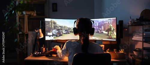Back view professional female gamer playing a video game on personal gaming computer, gaming desk set up photo
