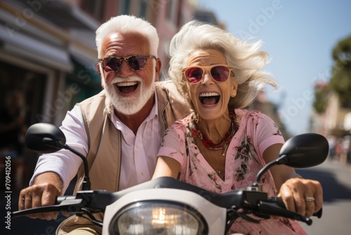 Happy retired couple on scooter riding on road during summer vacations