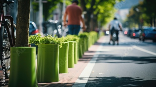 Closeup of a bike lane, marked in bright green paint and separated from the road with planters and bollards for safety.