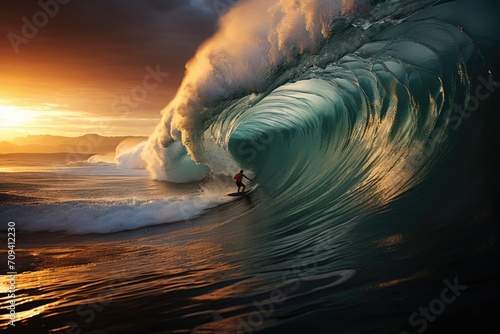 Surfer riding on big wave in barrel photo