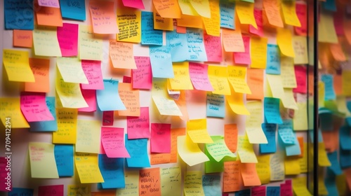 Closeup of a wall covered in colorful postit notes, each one containing a snippet of code or a helpful tip for the youths coding journey.
