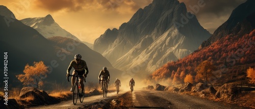 Cyclists riding on road with mountain backdrop photo