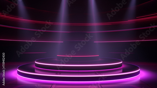 background of empty dark podium with pink and purple