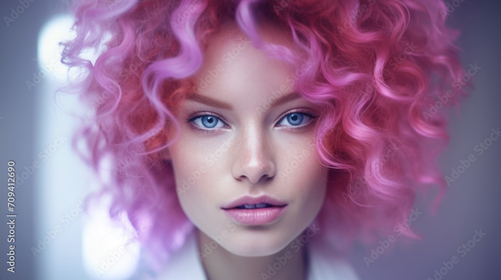 Photorealistic Adult White Woman with Pink Curly Hair Futuristic Illustration. Portrait of a person in cyberpunk style. Cyberspace Ai Generated Horizontal Illustration.