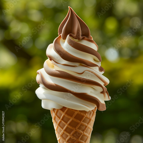 Soft serve ice cream swirl, vanilla and chocolate, in a classic cone