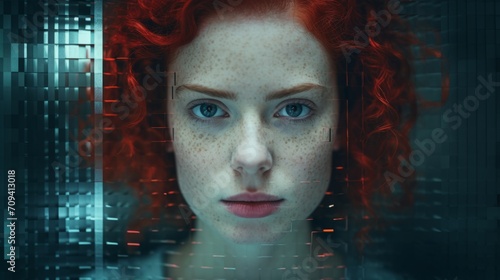 Photorealistic Adult White Woman with Red Curly Hair Futuristic Illustration. Portrait of a person in cyberpunk style. Cyberspace Ai Generated Horizontal Illustration.