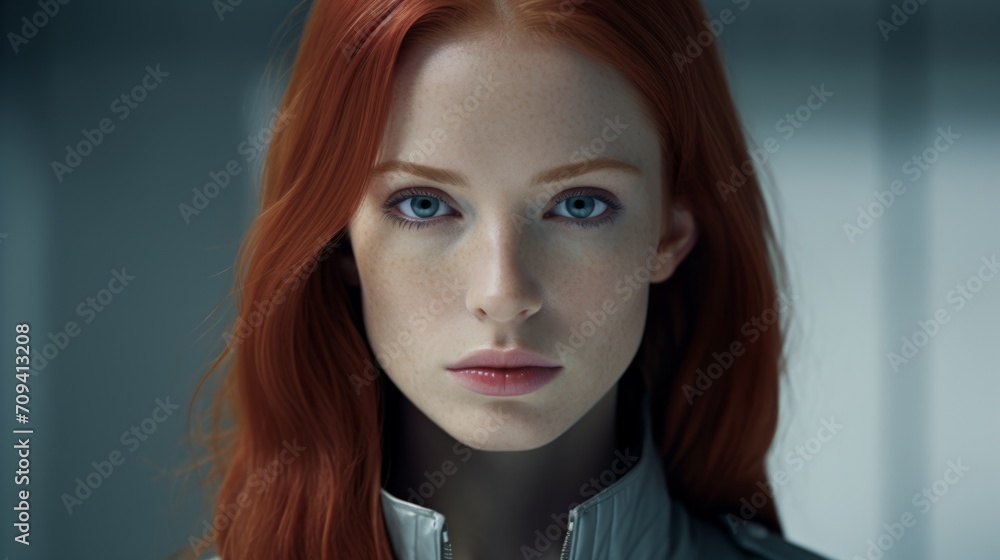 Photorealistic Adult White Woman with Red Straight Hair Futuristic Illustration. Portrait of a person in cyberpunk style. Cyberspace Ai Generated Horizontal Illustration. Photorealistic Adult White Woman with Red Straight Hair Futuristic Illustration. Portrait of a person in cyberpunk style. Cyberspace Ai Generated Horizontal Illustration.