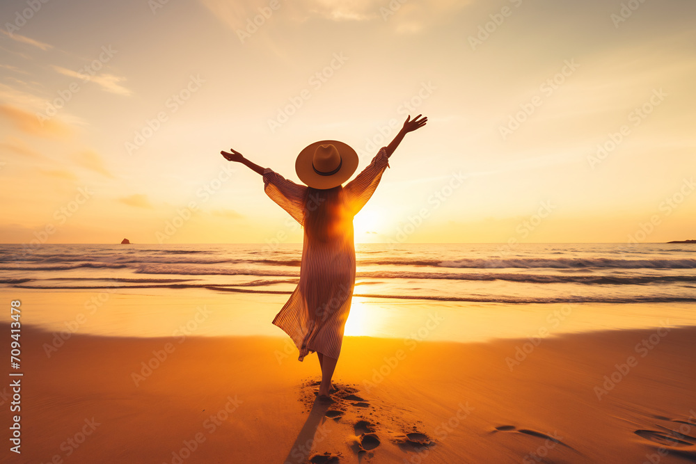 Silhouette of Joyful Woman with Arms Raised on the Beach at Sunset, Freedom and Travel Concept