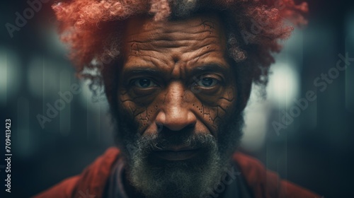 Photorealistic Old Black Man with Red Curly Hair Futuristic Illustration. Portrait of a person in cyberpunk style. Cyberspace Ai Generated Horizontal Illustration.