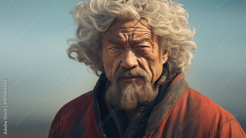 Photorealistic Old Chinese Man with Blond Curly Hair Futuristic Illustration. Portrait of a person in cyberpunk style. Cyberspace Ai Generated Horizontal Illustration.