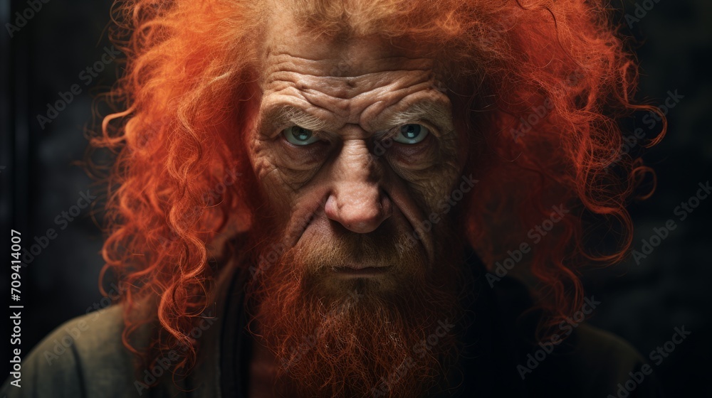 Photorealistic Old Chinese Man with Red Curly Hair Futuristic Illustration. Portrait of a person in cyberpunk style. Cyberspace Ai Generated Horizontal Illustration.