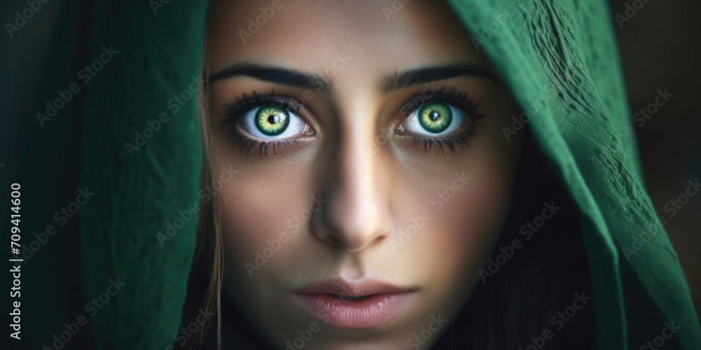 Close-up portrait of woman in green burqa. Horizontal banner. Tanned Muslim woman with green eyes looks at camera on black background. Concept of belief in God, Arab world, Palestine Close-up portrait of woman in green burqa. Horizontal banner. Tanned Muslim woman with green eyes looks at camera on black background. Concept of belief in God, Arab world, Palestine