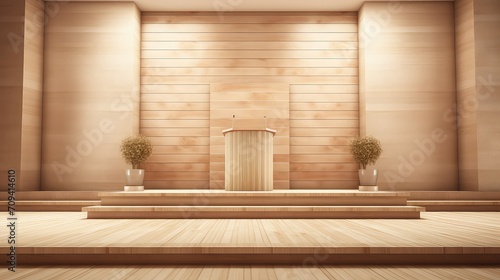 neutral beige podium background illustration stage presentation, speaker microphone, conference stand neutral beige podium background