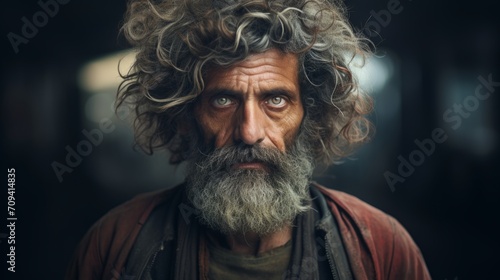 Photorealistic Old Indian Man with Brown Curly Hair Futuristic Illustration. Portrait of a person in cyberpunk style. Cyberspace Ai Generated Horizontal Illustration.