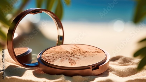 Closeup of a bronzing powder, creating the perfect sunkissed glow, inspired by the beachy vibes of the Mamma Mia movies. photo