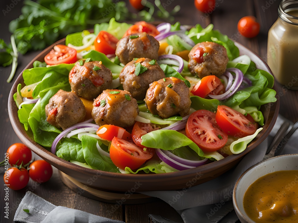delicious chicken meatball salad with tomatoes, lettuce, cheese and olives delicious chicken meatball salad with tomatoes, lettuce, cheese and olives