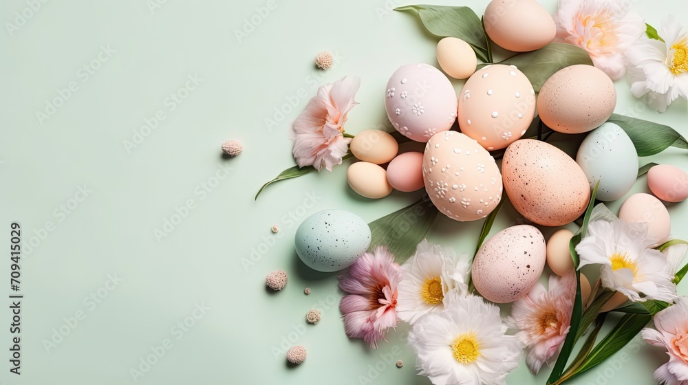 Top View of Happy Easter Day banner concept design of colorful eggs and plants on pastel background Top View of Happy Easter Day banner concept design of colorful eggs and plants on pastel background