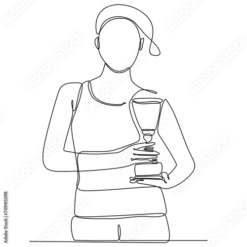 A woman drawing one line holding a trophy. Employee appreciation day concept. Continuous line draw graphic design vector illustration