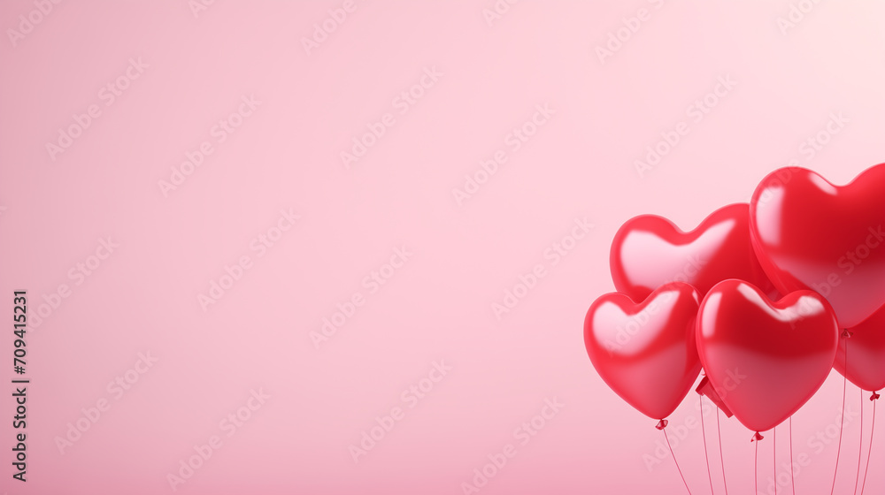 Valentines day background banner. The background is pink in color and there are floating heart balloons
