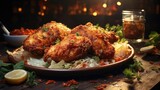 Delicious fried chicken with sweet and sour sauce on a wooden table with a blurred background