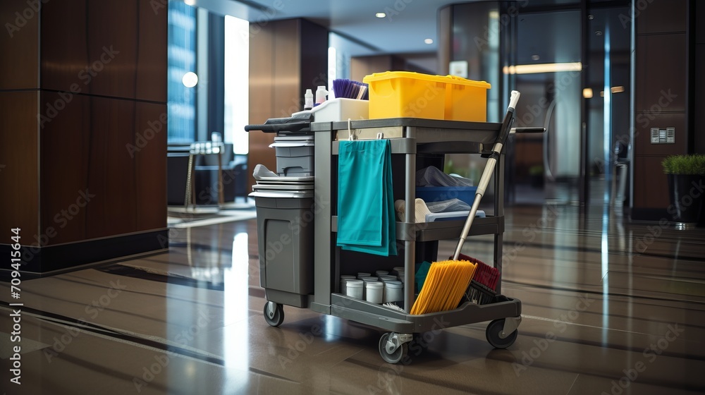 Professional janitorial cart stocked with cleaning supplies in corporate office setting - obrazy, fototapety, plakaty 