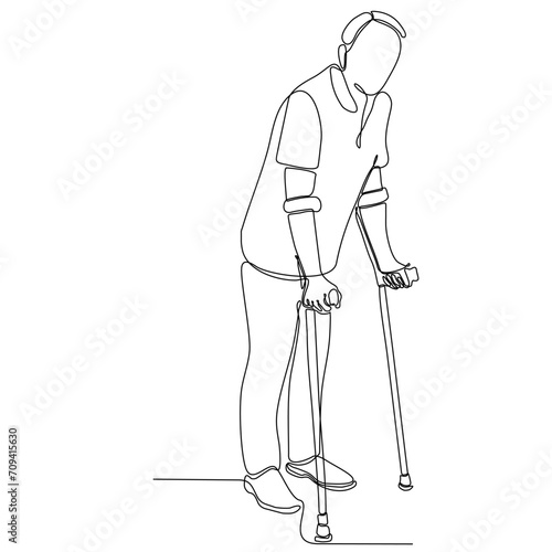 One line drawing of man with broken arm wearing arm splint isolated on white background vector illustration