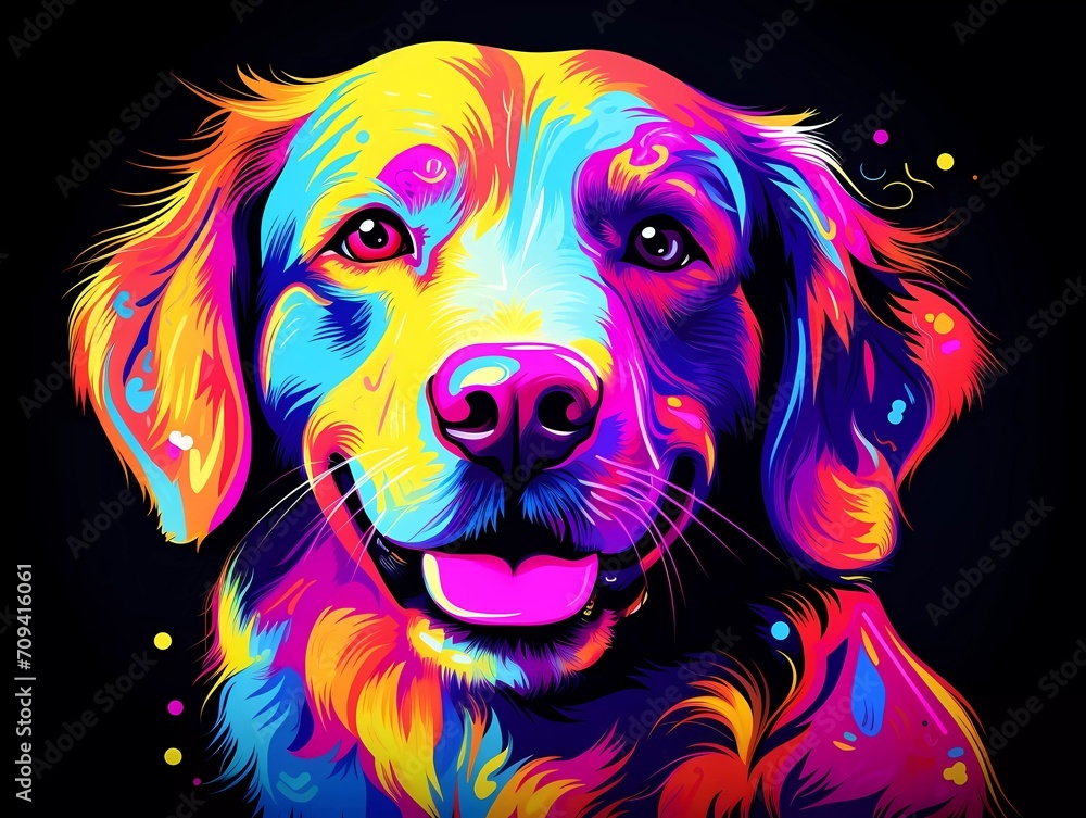 dog illustration in abstract, rainbow ultra-bright neon artistic portrait graphic highlighter lines on minimalist background. generative ai