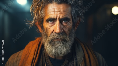 Photorealistic Old Persian Man with Brown Straight Hair Futuristic Illustration. Portrait of a person in cyberpunk style. Cyberspace Ai Generated Horizontal Illustration.