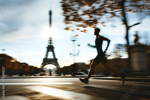 motion blur of a runner as they pass the Eiffel tower in Paris