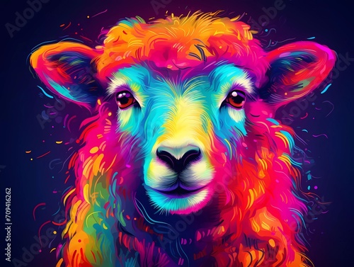sheep illustration in abstract, rainbow ultra-bright neon artistic portrait graphic highlighter lines on minimalist background. generative ai