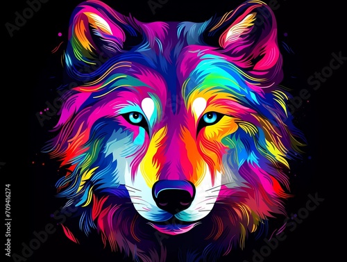 wolf illustration in abstract, rainbow ultra-bright neon artistic portrait graphic highlighter lines on minimalist background. generative ai