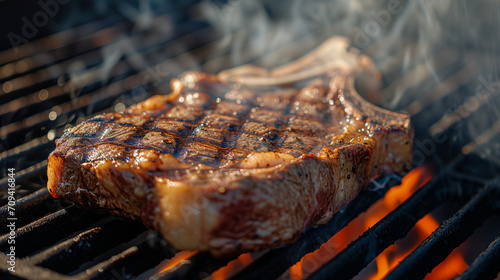 T-bone steak sizzling on a grill
