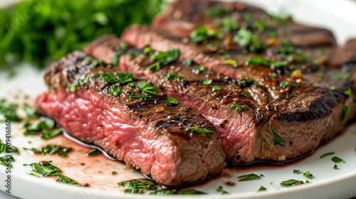 New York strip steak, cooked medium with a pink center, served with garlic butter and fresh herbs