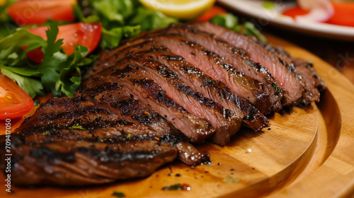 Flank steak, marinated and grilled, sliced against the grain