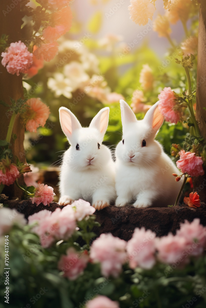 Easter, Cute baby bunnies, frolicking in a colorful spring garden, capturing the essence of joy and the season's renewal. easter concept Easter, Cute baby bunnies, frolicking in a colorful spring garden, capturing the essence of joy and the season's renewal. easter concept