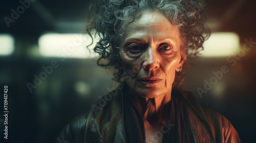 Photorealistic Old White Woman with Brown Curly Hair Futuristic Illustration. Portrait of a person in cyberpunk style. Cyberspace Ai Generated Horizontal Illustration.