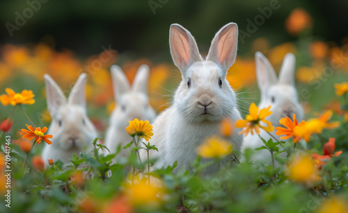 Easter, Cute baby bunnies, frolicking in a colorful spring garden, capturing the essence of joy and the season's renewal. easter concept