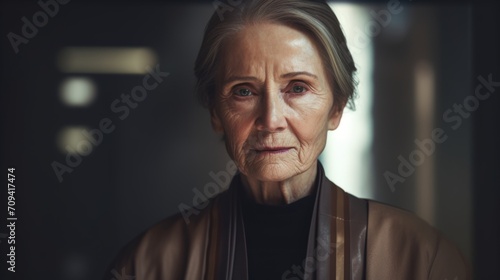Photorealistic Old White Woman with Brown Straight Hair Futuristic Illustration. Portrait of a person in cyberpunk style. Cyberspace Ai Generated Horizontal Illustration.