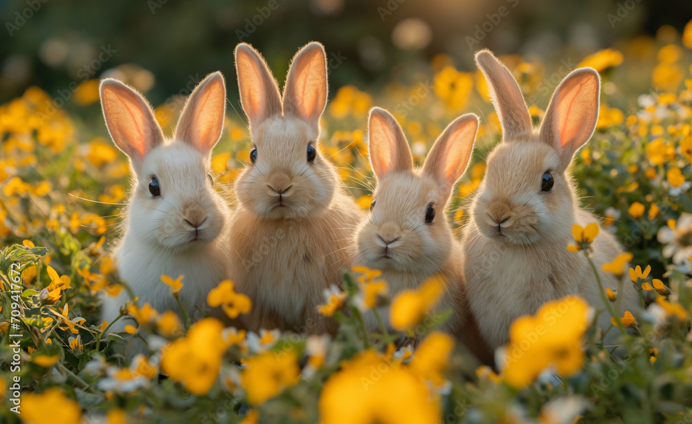 Easter, Spring awakening captured through playful baby rabbits and bunnies in a field of flowers, ideal for themes of growth, nature, and spring. easter concept Easter, Spring awakening captured through playful baby rabbits and bunnies in a field of flowers, ideal for themes of growth, nature, and spring. easter concept